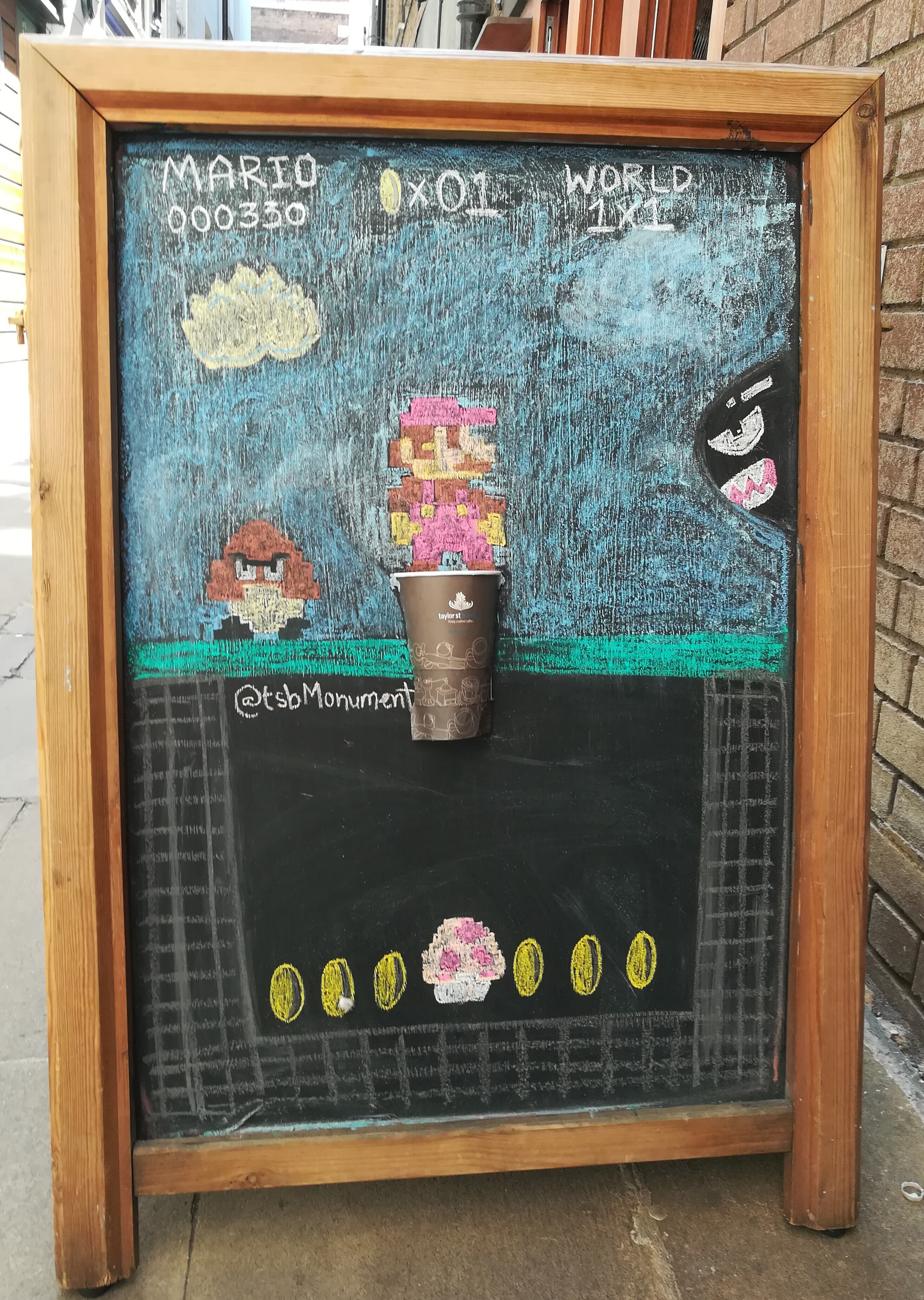 Super Mario on a coffee shop board in London